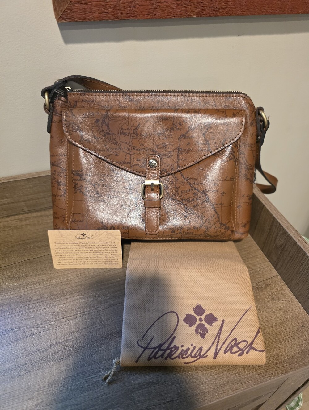 Patricia Nash Tan Brown Map-Print Leather Messenger Crossbody